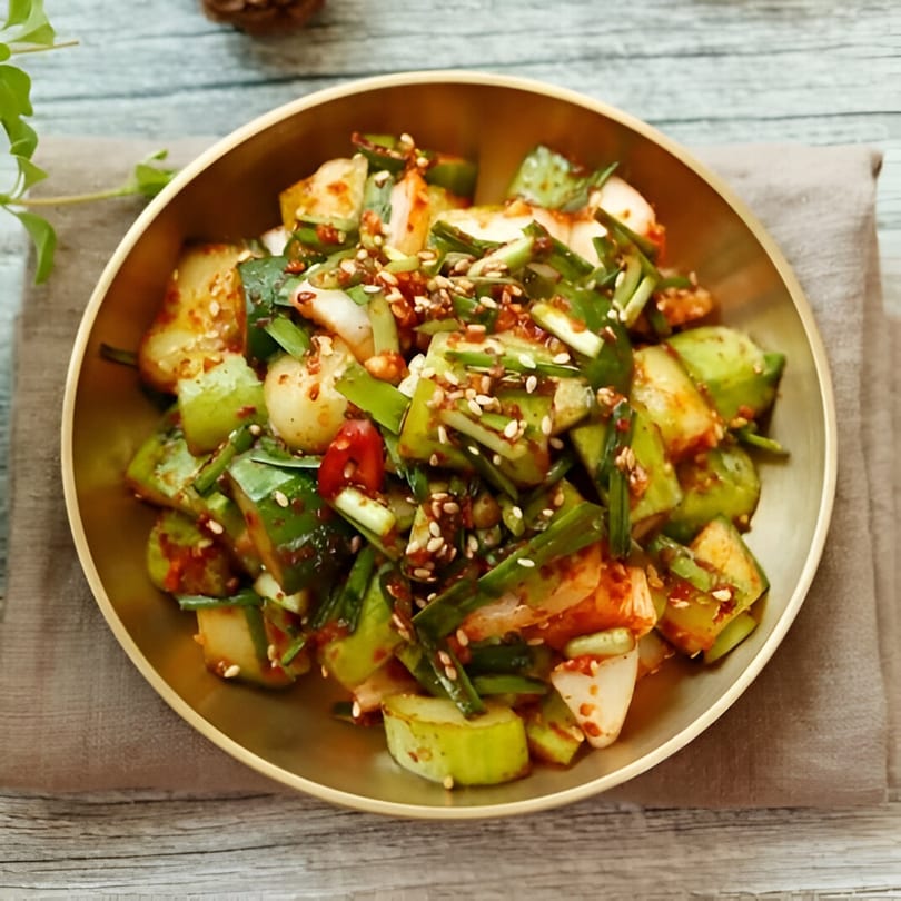 Close-up of a golden bowl filled with Korean cucumber kimchi, garnished with sesame seeds and green onions.