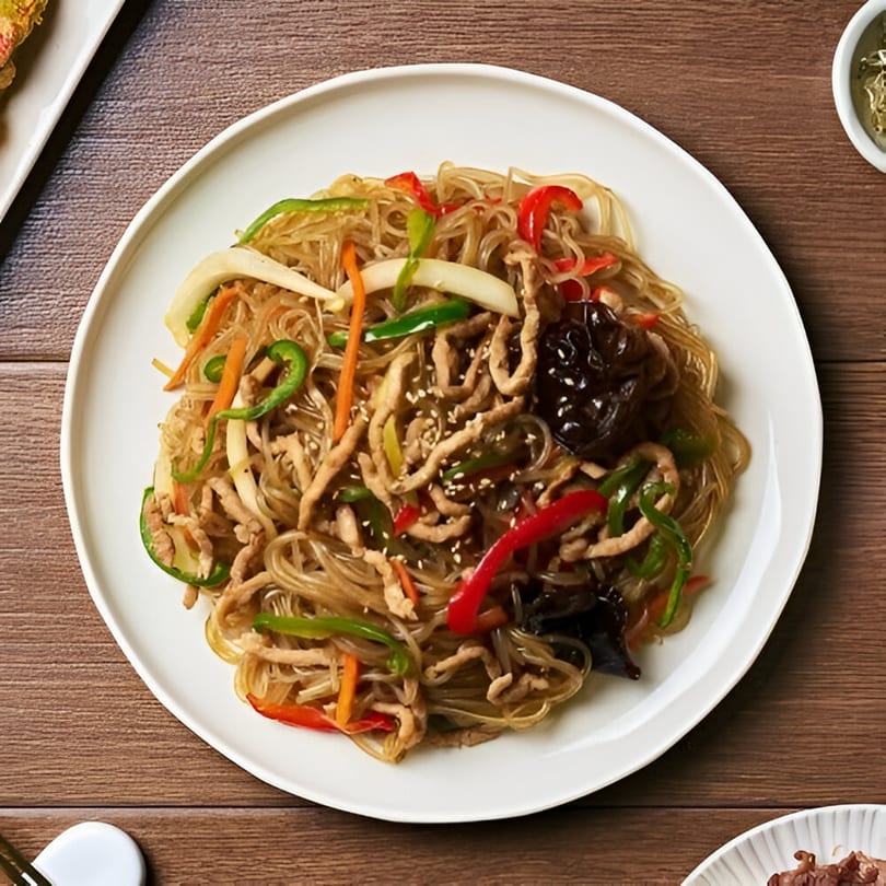 A white plate of Korean japchae noodles with vegetables, meat, and sesame seeds on a wooden table.
